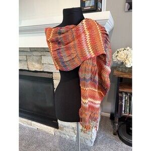 Scarf Wrap Multicolor with fringe viscose/lycra India 10”x72” Orange Purple Tan